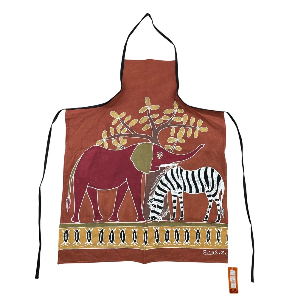 Tribal Textiles Zambia Hand Painted Cotton Apron African Elephant Zebra Art NEW